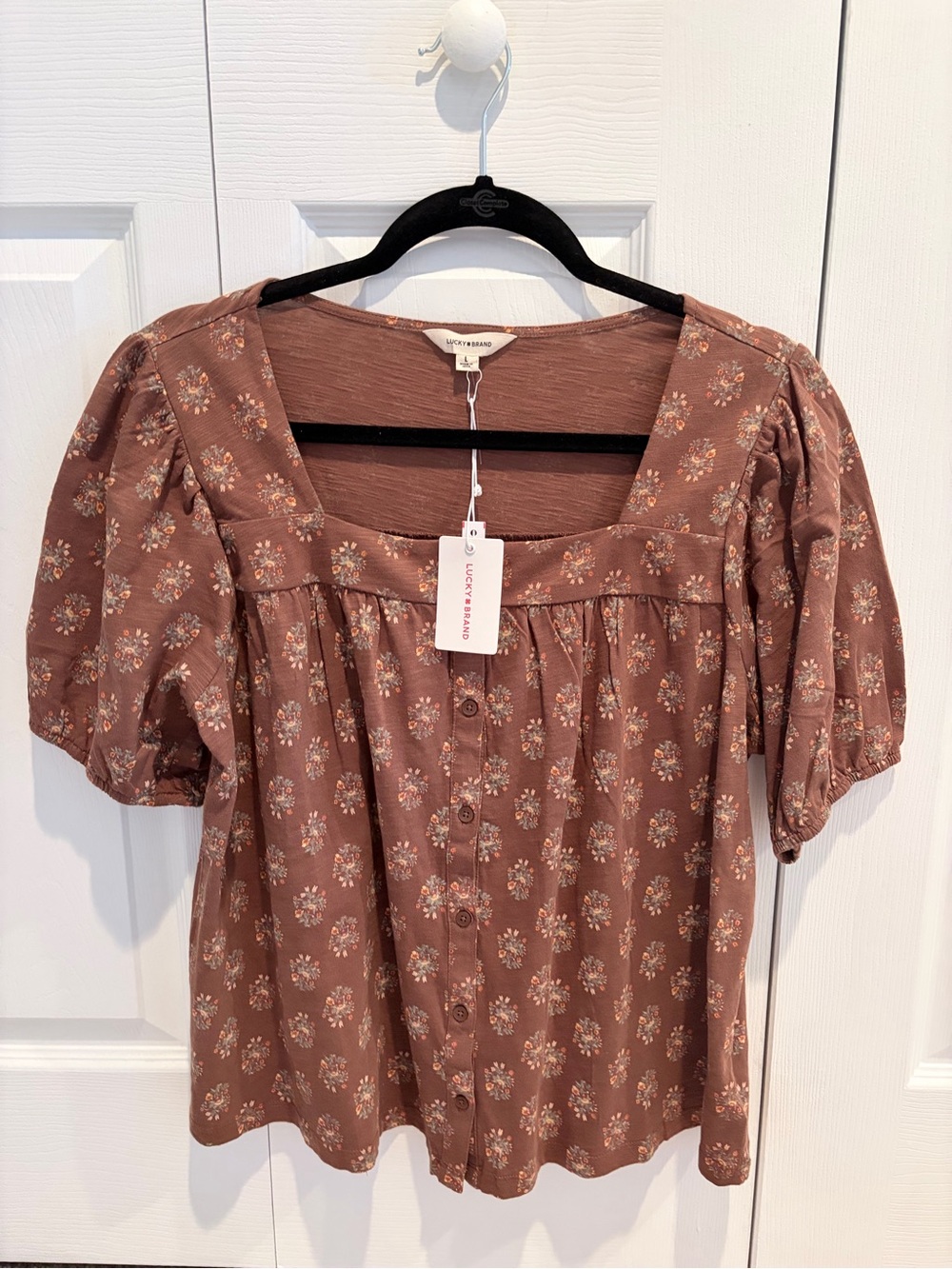 Lucky Brand Dusty Rose Floral Button Front Puff Sleeve Top